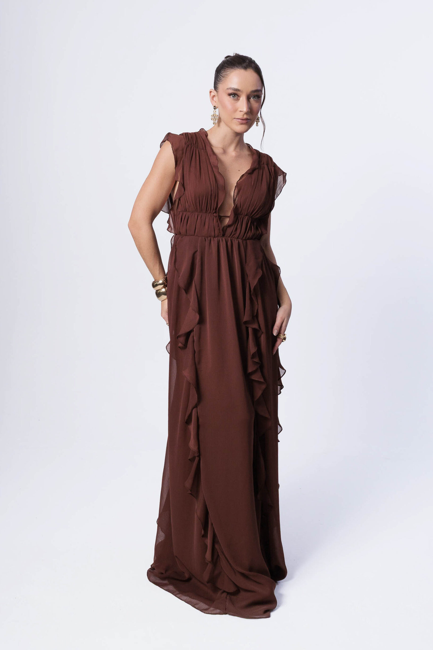 Vestido Babados Marrom