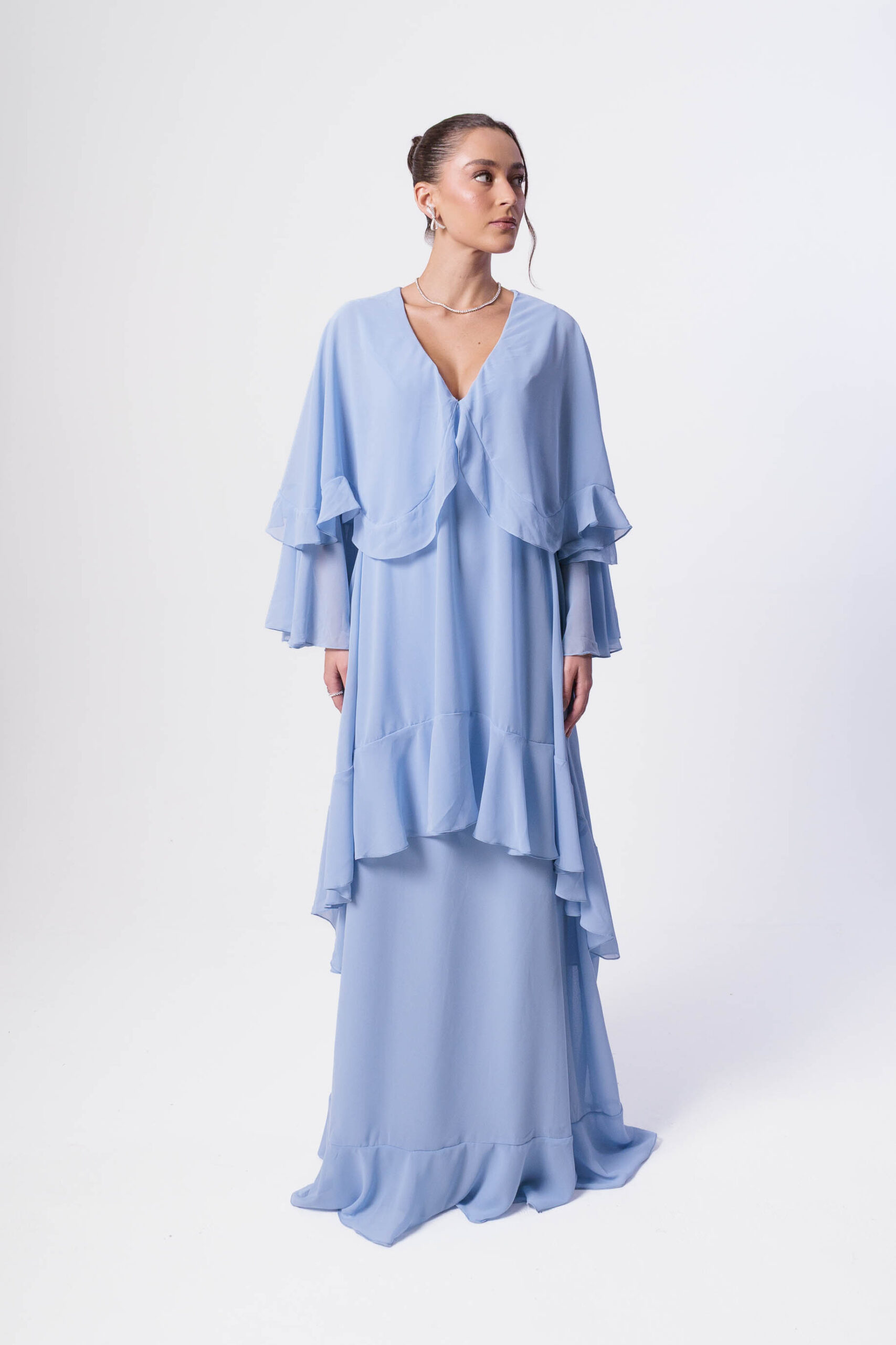Vestido Manga Longa Babados Azul